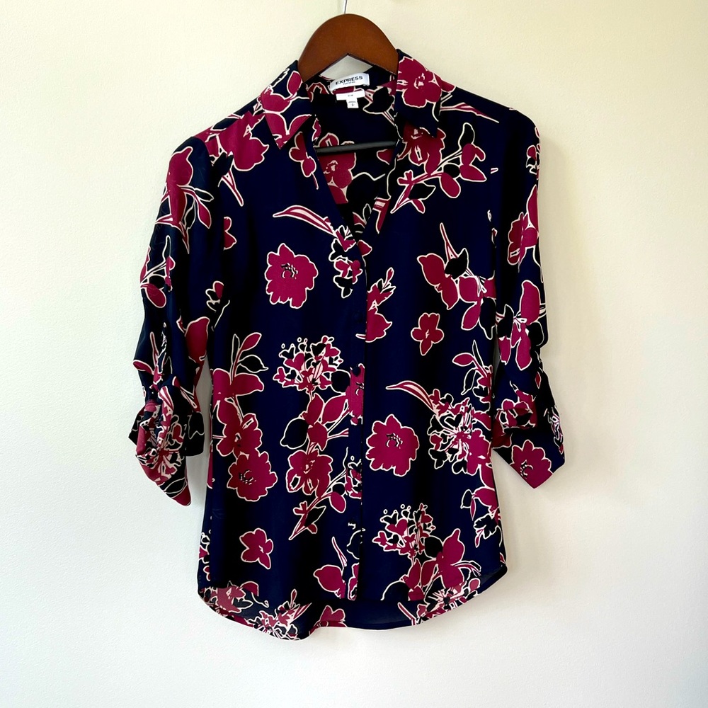 Express Portofino Button Down long Sleeve Blouse, Floral Print, size small slim